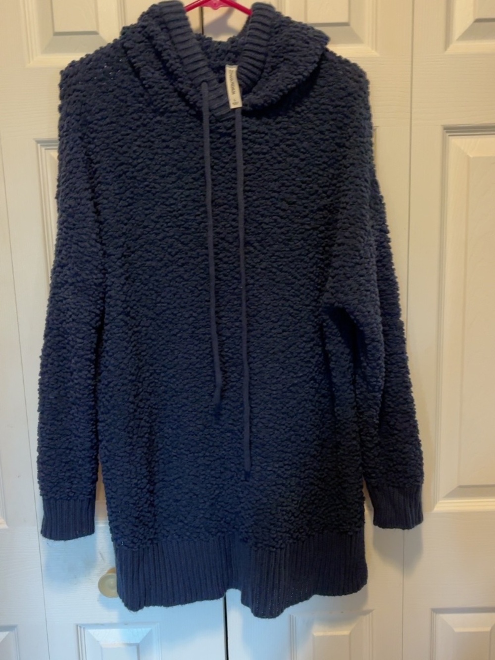 Zenana Premium Women’s Large Navy Popcorn Knit Hooded Sweater Tunic
